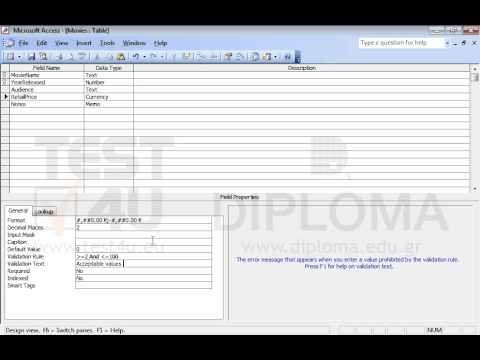 Apply a validation rule to the RetailPrice field in the Movies table to allow entering only prices equal to or higher than 2 and equal to or lower than 100. When the user types different prices, the system will return the message Acceptable values from 2 to 100
Save and close the table.