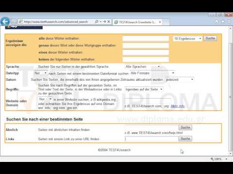 Suchen Sie über die Erweiterte Suche nach den Webseiten, die einen Link zur Webseite www.test4u.gr/index.php enthalten. Bevor Sie auf Absenden drücken, stellen Sie sich sicher, dass die Seite mit den Ergebnissen angezeigt wird. 