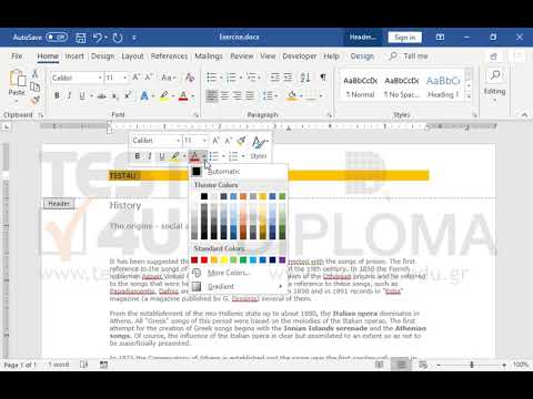 Apply orange shading on the header of the document. Then, insert the word TEST4U on the left side of the header using 10pt, dark blue, Verdana font.