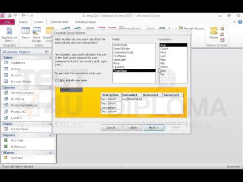 Create a new crosstab query named mymap based on the r_orders query that will display the Description field as row heading, the Surname field as column heading and the sum of values in the TotalValue field named sum1.
Apply sorting by Description in ascending order.