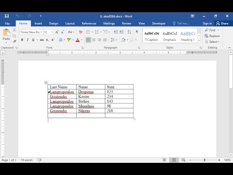 Sort the data of the table firstly by Last Name and then by Name in ascending order. Then, in the last cell of the third column, insert a function to sum up the above numbers.