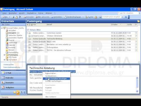 Fügen Sie den Absender mit dem Namen Kostas Goutoudis über die E-Mail mit dem Betreff Technische Abteilung, die sich im Ordner Posteingang befindet, in die Kontaktliste ein. 