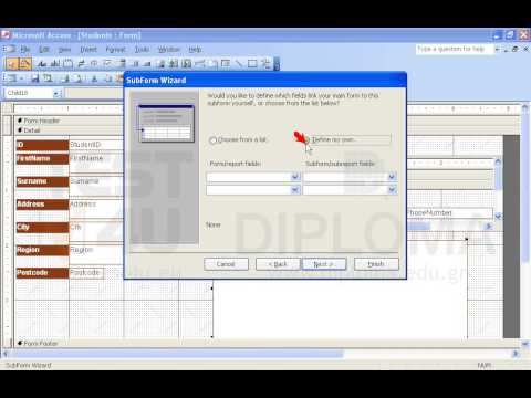 Modify the Students form to allow entering phone numbers (Telephones table) and exam dates (Exams table). For the selection of the Course use a combo box.