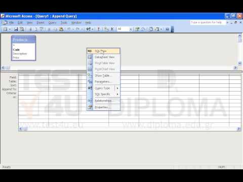 Create a new query named insert2 to add a new record in the Products table with the following data (use command VALUES):
Code=1, Description=myproduct, Price=100
Run the query. Create a new query named insert2 to add a new record in the Products table with the following data (use command VALUES):
Code=1, Description=myproduct, Price=100
Run the query.