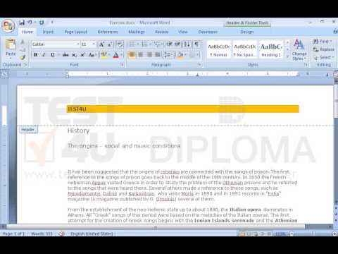 Apply orange shading on the header of the document. Then, insert the word TEST4U on the left side of the header using 10pt, dark blue, Verdana font.