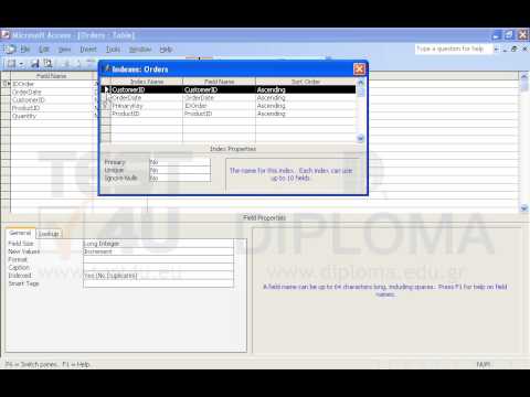 Remove the indexes from the CustomerID and OrderDate fields of the Orders table. Save and close the table.