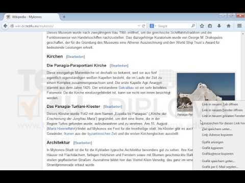 Klicken Sie auf den Mykonos-Link. Speichern Sie dann das Bild der Panagia-Paraportani-Kirche unter dem Namen panagia.jpg im Ordner TEST4UFolder, der sich auf dem Desktop befindet.