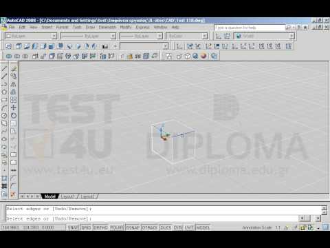 Ανοίξτε το αρχείο με όνομα TEST 118.dwg από τον φάκελο IL-ates\CAD της επιφάνειας εργασίας και χρησιμοποιώντας την κατάλληλη εντολή από την διαδικασία επεξεργασίας στερεών (Solidedit), αφού ενεργοποιήστε πρώτα το ORTHO, αντιγράψτε τις ακμές χρώματος μπλε κατά μήκος του άξονα z με σημείο βάσης (-52,300), κατά 500 μονάδες προς τα πάνω. Αποδεχθείτε τις υπόλοιπες προτεινόμενες τιμές. Ανοίξτε το αρχείο με όνομα TEST 118.dwg από τον φάκελο IL-ates\CAD της επιφάνειας εργασίας και χρησιμοποιώντας την κατάλληλη εντολή από την διαδικασία επεξεργασίας στερεών (Solidedit), αφού ενεργοποιήστε πρώτα το ORTHO, αντιγράψτε τις ακμές χρώματος μπλε κατά μήκος του άξονα z με σημείο βάσης (-52,300), κατά 500 μονάδες προς τα πάνω. Αποδεχθείτε τις υπόλοιπες προτεινόμενες τιμές.