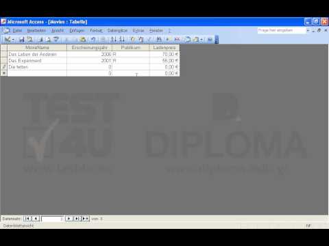 Fügen Sie folgende Datensätze zur Tabelle Movies hinzu:
MovieNameErscheinungsjahrPublikumLadenpreis
Das Leben der Anderen2006R70,00 €
Das Experiment2001R55,00 €
Die fetten Jahre sind vorbei2004R60,00 €
 
Speichern Sie die Datensätze. 