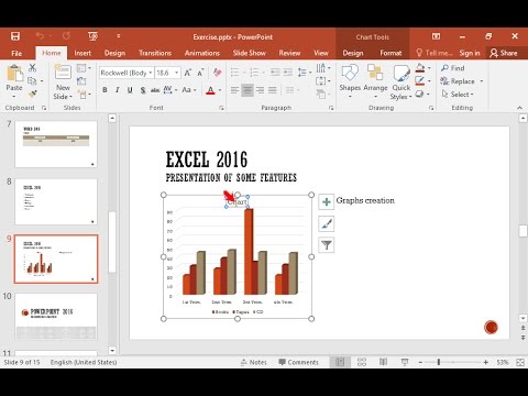 Change the chart title which appears on the slide titled Excel 2016 Presentation of some features to Sales.