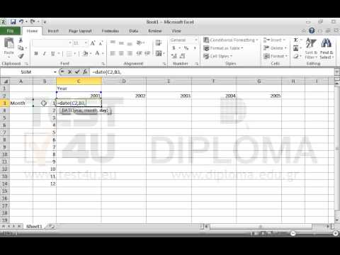 Insert an appropriate function in the cell C3 to return a date using the year appearing in the cell C2, the month appearing in the cell Â3 and the 1st day of the month. Reproduce the function in the cell range C3:G14 using the same pattern.