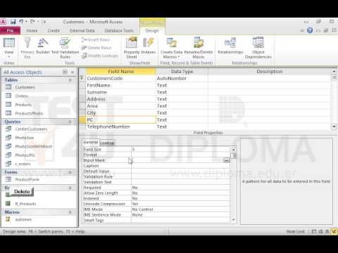 Remove the Input Mask from the PC field of the Customers table and set the appropriate property to require data entry in this field. Save and close the table.