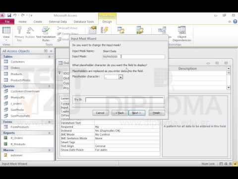 Use the month/day/year form which displays each item in two digits (e.g. 07/14/13) to set an input mask to the OrderDate field of the Orders table. Save and close the table.