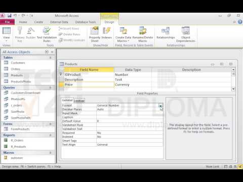 Set the Price field of the Products table to display values in Euro format. Save and close the table.