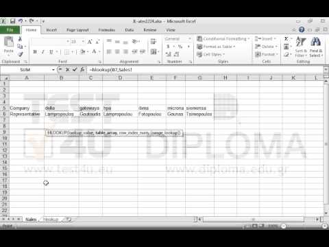 Display the representative of the Della company in the cell B8 of the hlookup workbook using the hlookup function. Representatives of companies are displayed in the SALES worksheet. Then reproduce the function up to the cell G8.