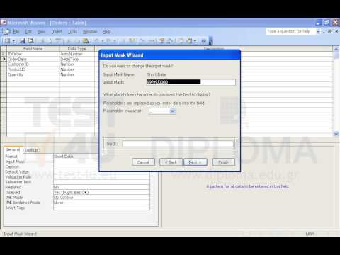 Use the month/day/year form which displays each item in two digits (e.g. 07/14/13) to set an input mask to the OrderDate field of the Orders table. Save and close the table.