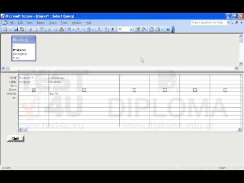 Create a new query that will display all fields from the Products table and all records where the Description field value:
- begins with Viper and 
- contains the letter V followed by 3 numbers. 
Use the like operator only once. Save the query.