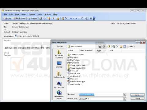 Save the file attached to the Infolearn Secretary email located in your Inbox, using the same name, to the TEST4UFolder folder on your desktop. Save the file attached to the Infolearn Secretary email located in your Inbox, using the same name, to the TEST4UFolder folder on your desktop.