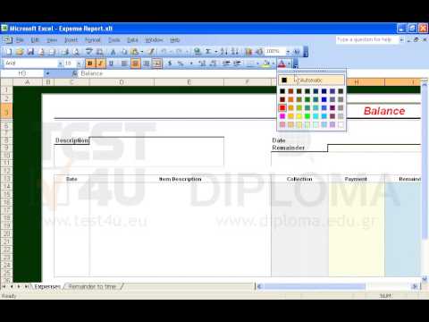 Open the Expense Report template located in the IL-ates\Excel folder on your desktop and apply Green font color on the text Balance. Save the template.
(Note: use Excel's menu to open the template) Open the Expense Report template located in the IL-ates\Excel folder on your desktop and apply Green font color on the text Balance. Save the template.
(Note: use Excel's menu to open the template)