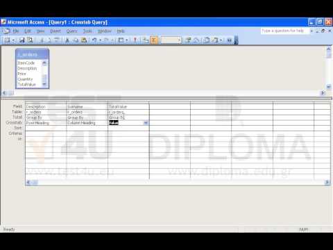 Create a new crosstab query named mymap based on the r_orders query that will display the Description field as row heading, the Surname field as column heading and the sum of values in the TotalValue field named sum1.
Apply sorting by Description in ascending order.