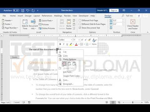 Navigate to the header of the document and insert a field to display the size of the file in kB between the words is and KB.
Then lock the field. Finally, delete only the field displaying the name of the author (not the entire text) from the footer of the document. Navigate to the header of the document and insert a field to display the size of the file in kB between the words is and KB.
Then lock the field. Finally, delete only the field displaying the name of the author (not the entire text) from the footer of the document.