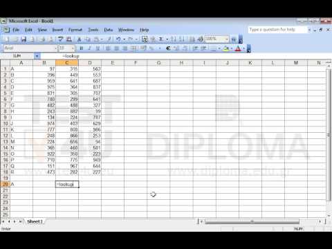 Use the Lookup function to display in the cell C20 the value of the Column C that corresponds to the letter of the Column A, according to the letter displayed in the A20 cell. The table range is A1:C18. 