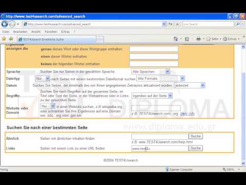 Suchen Sie über die Erweiterte Suche nach den Webseiten, die einen Link zur Webseite www.test4u.gr/index.php enthalten. Bevor Sie auf Absenden drücken, stellen Sie sich sicher, dass die Seite mit den Ergebnissen angezeigt wird. 