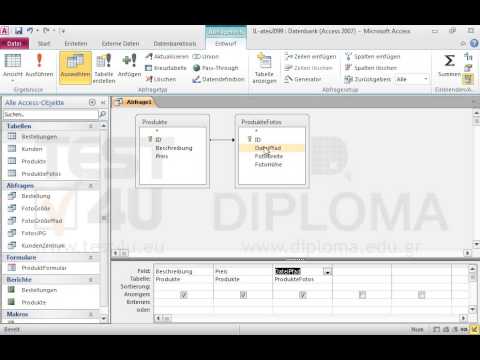 Erstellen Sie eine neue Abfrage, die auf den Feldern Beschreibung und Preis der Tabelle Produkte und dem Feld DateiPfad der Tabelle ProdukteFotos basieren soll. Wenden Sie auf das Feld DateiPfad ein Kriterium an, das alle Datensätze mit einem Foto abrufen soll. Beim Ausführen der Abfrage werden nur die Felder Beschreibung und Preis (nach dieser Reihenfolge) angezeigt. Speichern Sie die Abfrage unter dem Namen a1 und schließen Sie sie. 