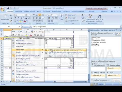 Εφαρμόστε φθίνουσα ταξινόμηση στον συγκεντρωτικό πίνακα με βάση το πεδίο Πωλησεις EURO.