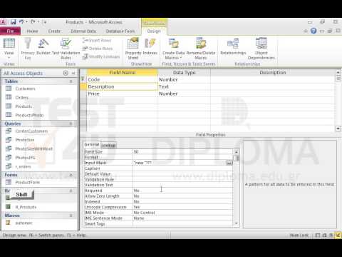 Locate the Description field of the open table and apply an input mask to display the word new always at the beginning followed by an empty space and a maximum of 10 letters chosen by the user. Save and close the table.