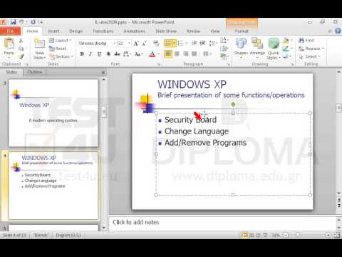 Apply center alignment to the entire bulleted text of the 4th slide titled WINDOWS XP-Brief presentation of some functions/operations. Apply center alignment to the entire bulleted text of the 4th slide titled WINDOWS XP-Brief presentation of some functions/operations.