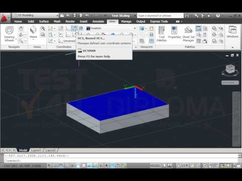 Ανοίξτε το αρχείο με όνομα TEST 30.dwg από τον φάκελο IL-ates\CAD της επιφάνειας εργασίας και τοποθετήστε ένα νέο σύστημα συντεταγμένων που ορίζεται απο 3 σημεία, πάνω στην επιφάνεια χρώματος μπλέ του στερεού σώματος, σε όποιο σημείο του θέλετε. Στη συνέχεια αποθηκεύστε το σύστημα που δημιουργήσατε με όνομα "Blue" στην κατάλληλη καρτέλα.