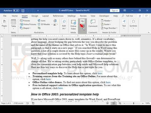 Navigate to the second page of the document. Place the text cursor on the left of New in Office 2003: personalized template help. At that point enter a bookmark with the name New2003.