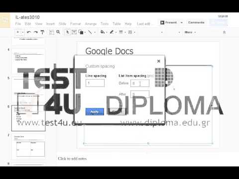 Navigate to the slide titled Google Docs-Presentation of some menus. Then change the paragraph spacing of the bulleted list placeholder (before and after) into 0.3pt.