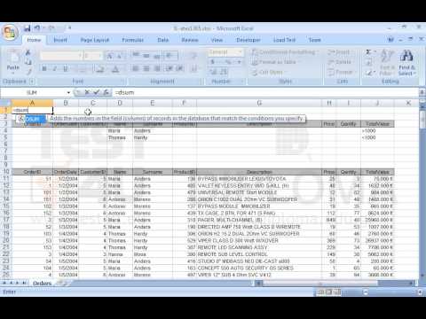 Enter the appropriate data in the cell range Á4:J5 and use the right function in the cell A1, to sum the TotalValue of Maria Anders orders (for total order values higher than 1000) and the sum of Thomas Hardy orders (for total order values less than 1000).