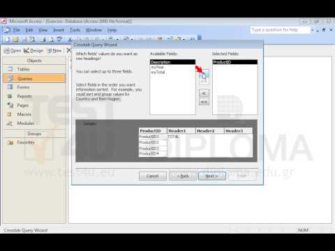 Use the query wizard to create a crosstab query based on the SalesPerProduct query. The new query will display the ProductID and Description fields as row headings and the myYear field as column heading. Also make sure the query calculates the sum of the values displayed in the myTotal field. Save the query as NewSales and close it. Use the query wizard to create a crosstab query based on the SalesPerProduct query. The new query will display the ProductID and Description fields as row headings and the myYear field as column heading. Also make sure the query calculates the sum of the values displayed in the myTotal field. Save the query as NewSales and close it.