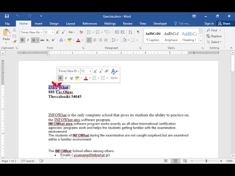 Καταργήστε την υπερσύνδεση της πρώτης λέξης του εγγράφου (INFOWhat), χωρίς να διαγράψετε το κείμενο.