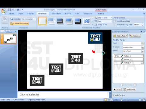 Apply the Fly In - From Bottom - Left entrance effect to the three TEST4U logos. Make sure the effect advances with a mouse click on all of the objects at the same time.